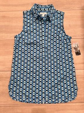 Kim Rogers Blue Sleeveless Geometric Print Collared Top- NEW with Tags - Small